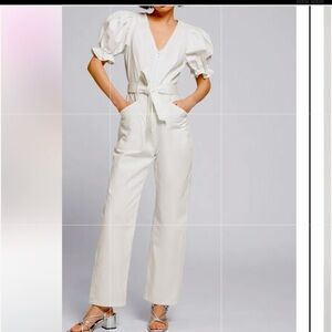 White denim puff sleeve v-neck jumpsuit by & Other Stories